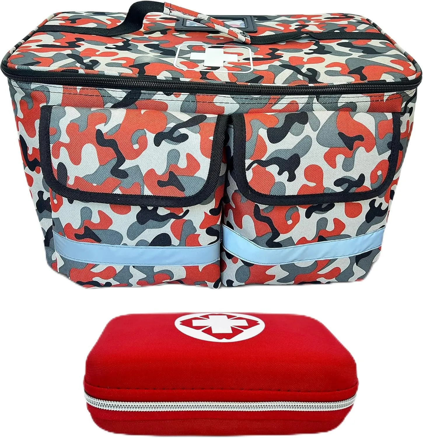 Kamo's Market Waterproof Organizer Bag   18 Pc First Aid Starter Kit  Red Camo Travel Pouch for Car, Diaper Bag, Coaches & Everyday Emergencies  Durable Polyester EMS-Style Bag