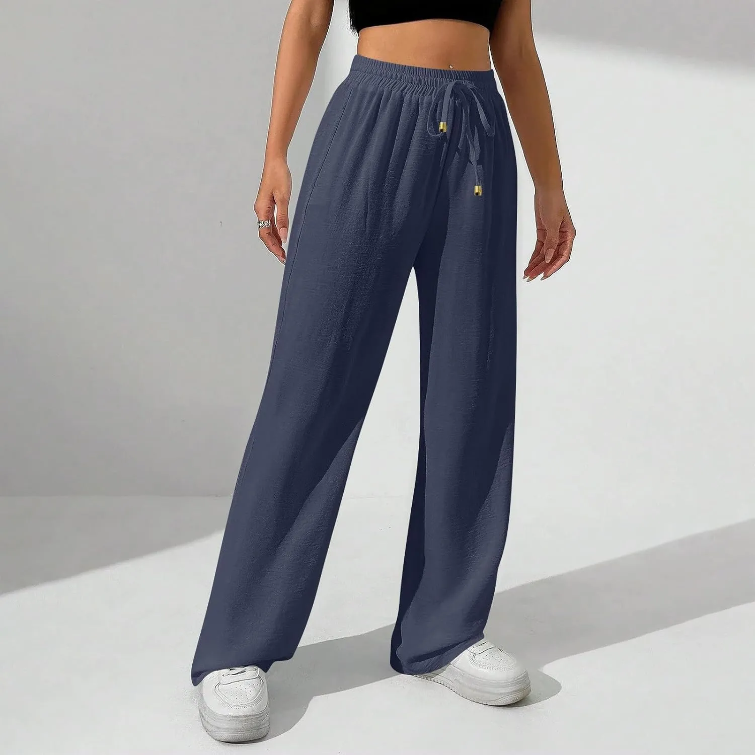 Ladies Linen Pants Summer Drawstring High Waist Wide Leg Pants Casual Palazzo Pant Fashion Trouser with Pockets