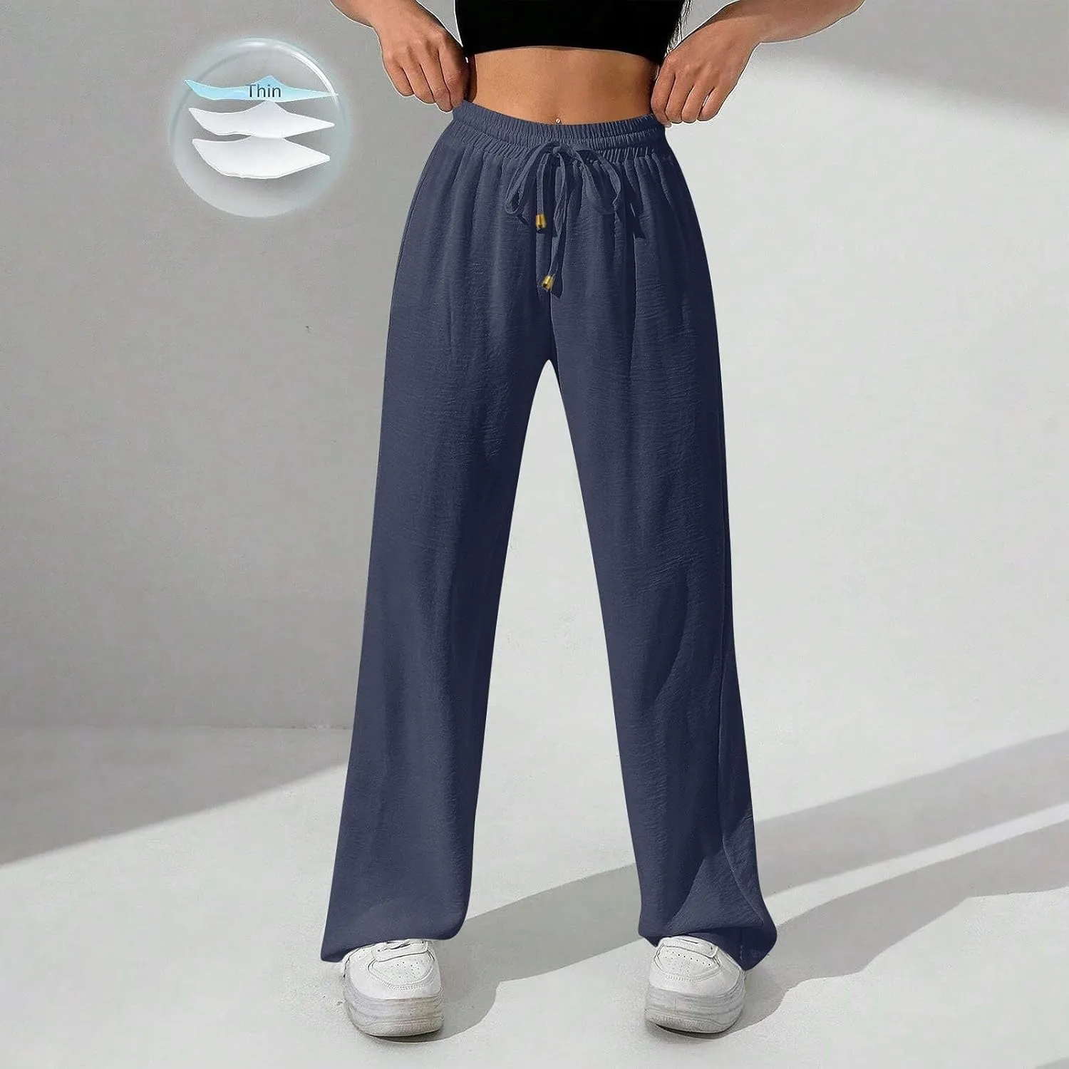 Ladies Linen Pants Summer Drawstring High Waist Wide Leg Pants Casual Palazzo Pant Fashion Trouser with Pockets