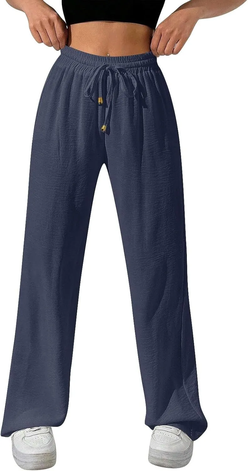 Ladies Linen Pants Summer Drawstring High Waist Wide Leg Pants Casual Palazzo Pant Fashion Trouser with Pockets