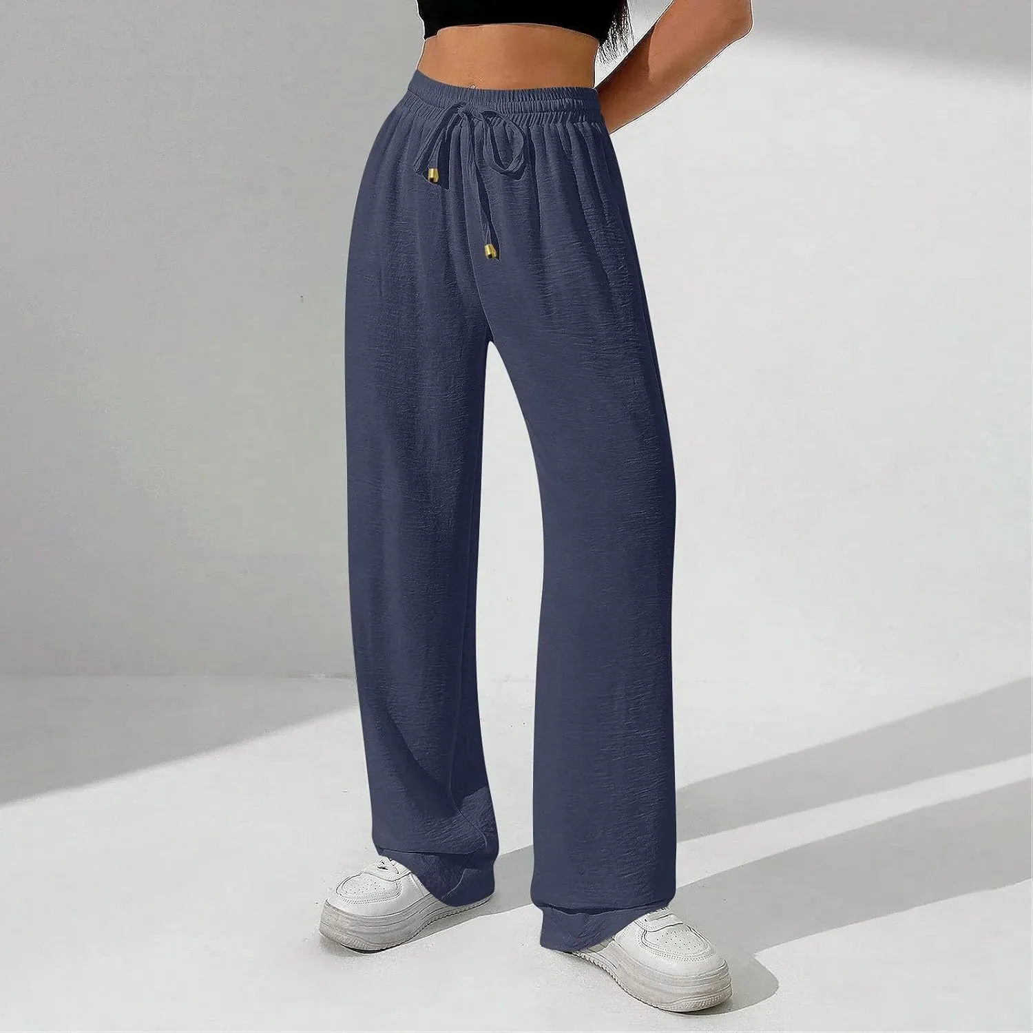 Ladies Linen Pants Summer Drawstring High Waist Wide Leg Pants Casual Palazzo Pant Fashion Trouser with Pockets