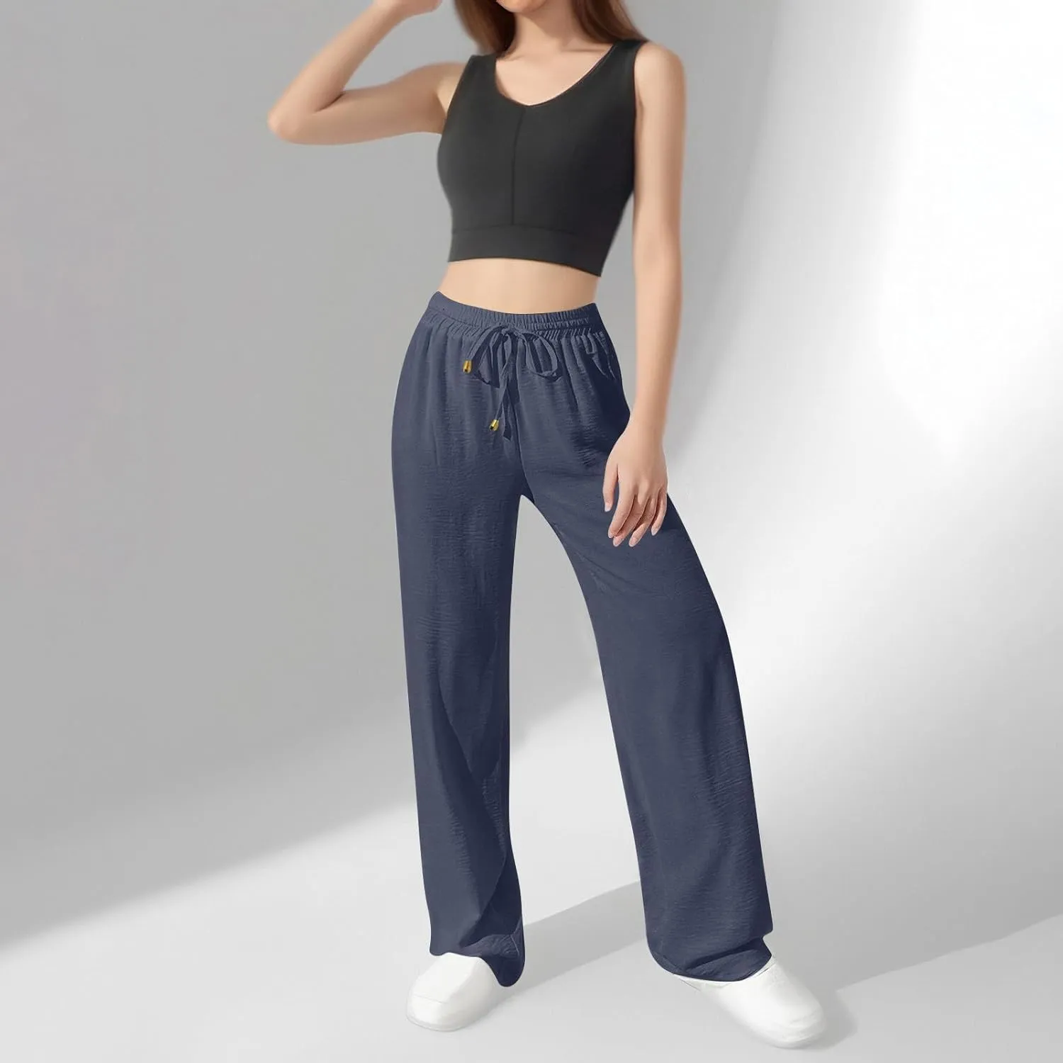 Ladies Linen Pants Summer Drawstring High Waist Wide Leg Pants Casual Palazzo Pant Fashion Trouser with Pockets