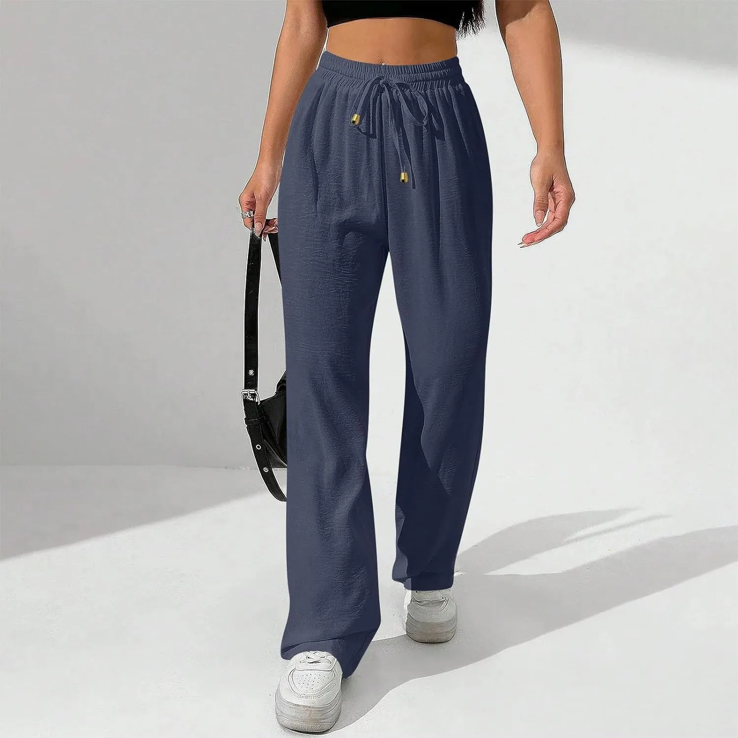Ladies Linen Pants Summer Drawstring High Waist Wide Leg Pants Casual Palazzo Pant Fashion Trouser with Pockets
