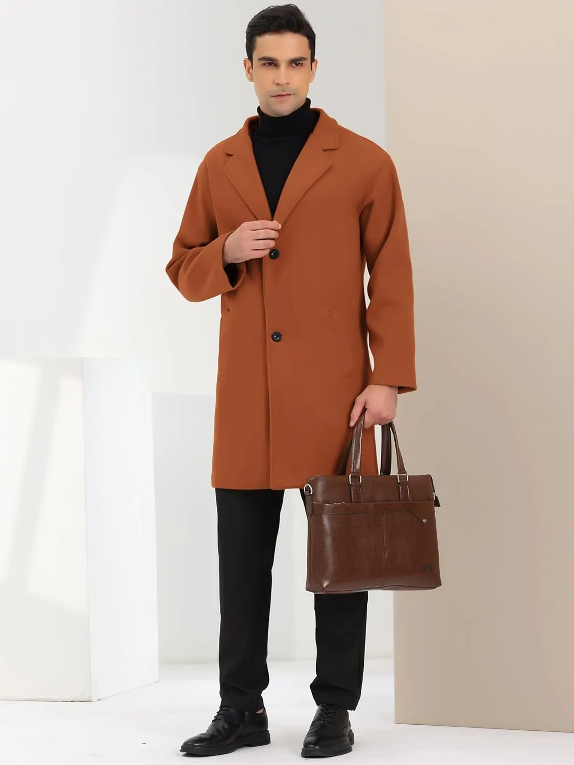 Lars Amadeus Men's Winter Trench Coat Notched Lapel Single Breasted Mid-Length Overcoat