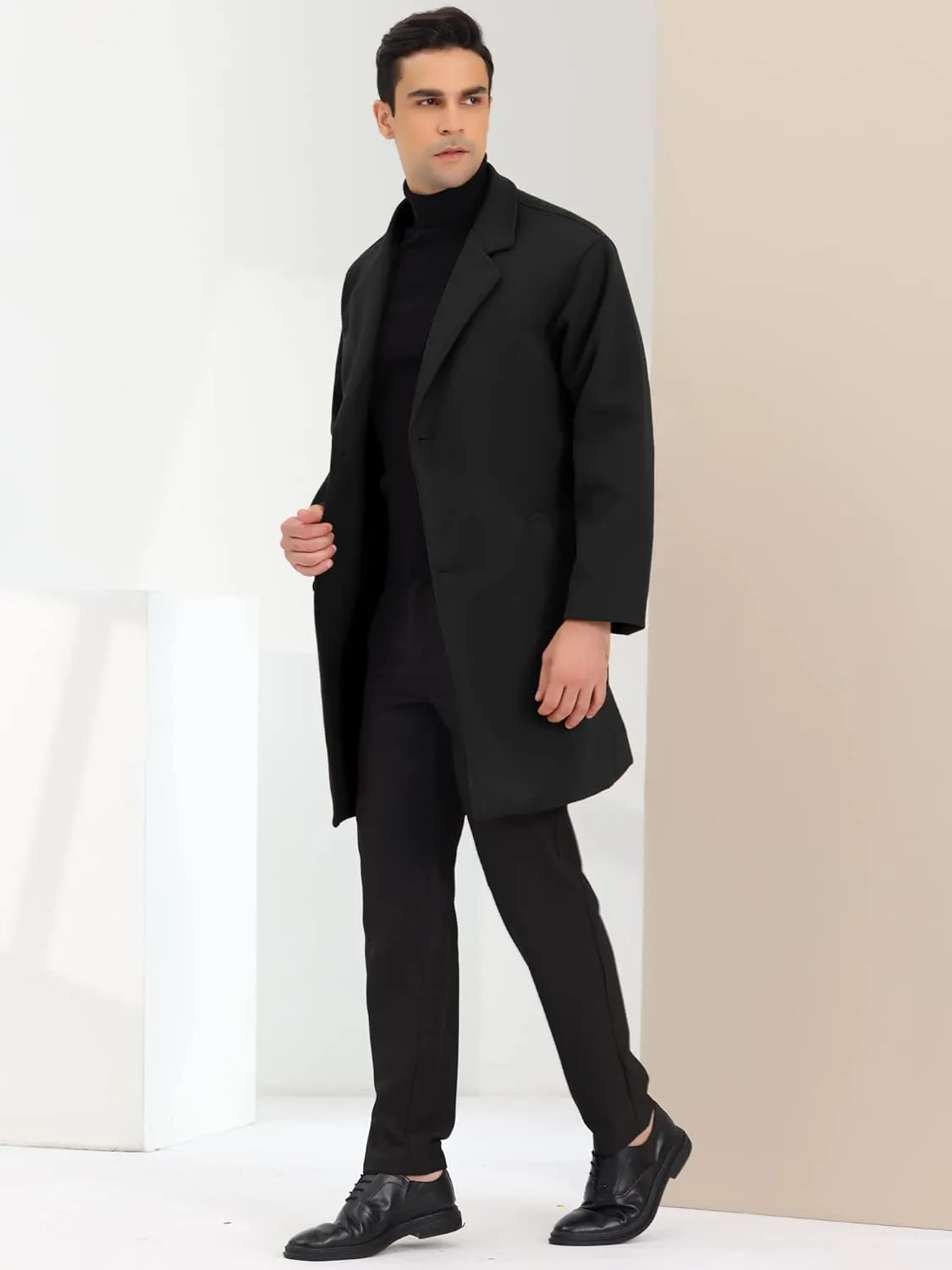 Lars Amadeus Men's Winter Trench Coat Notched Lapel Single Breasted Mid-Length Overcoat