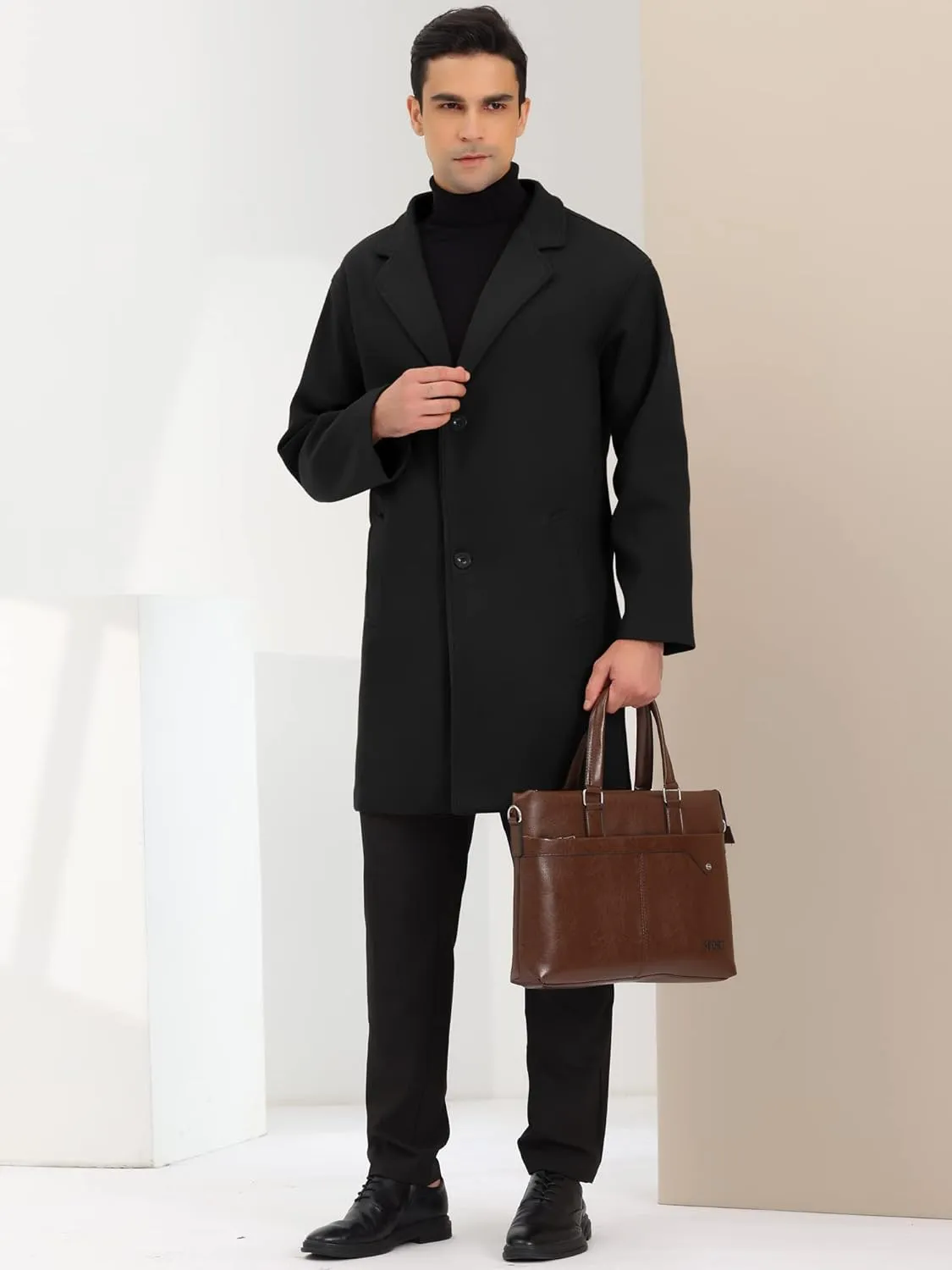 Lars Amadeus Men's Winter Trench Coat Notched Lapel Single Breasted Mid-Length Overcoat