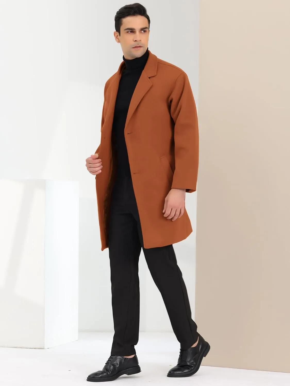 Lars Amadeus Men's Winter Trench Coat Notched Lapel Single Breasted Mid-Length Overcoat