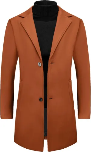 Lars Amadeus Men's Winter Trench Coat Notched Lapel Single Breasted Mid-Length Overcoat