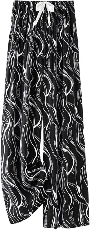 Lastesso Palazzo Pants for Women Fashion Floral Print Summer Lounge Trousers Bow-Knot High Waist Elastic Waistband Pants