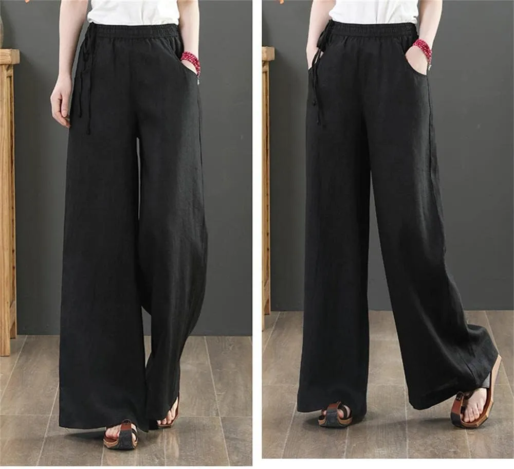 Les umes Women's Casual Wide Leg Long Pants High Waist Drawsting Loose Palazzo Pants Cotton Linen Beach Trousers