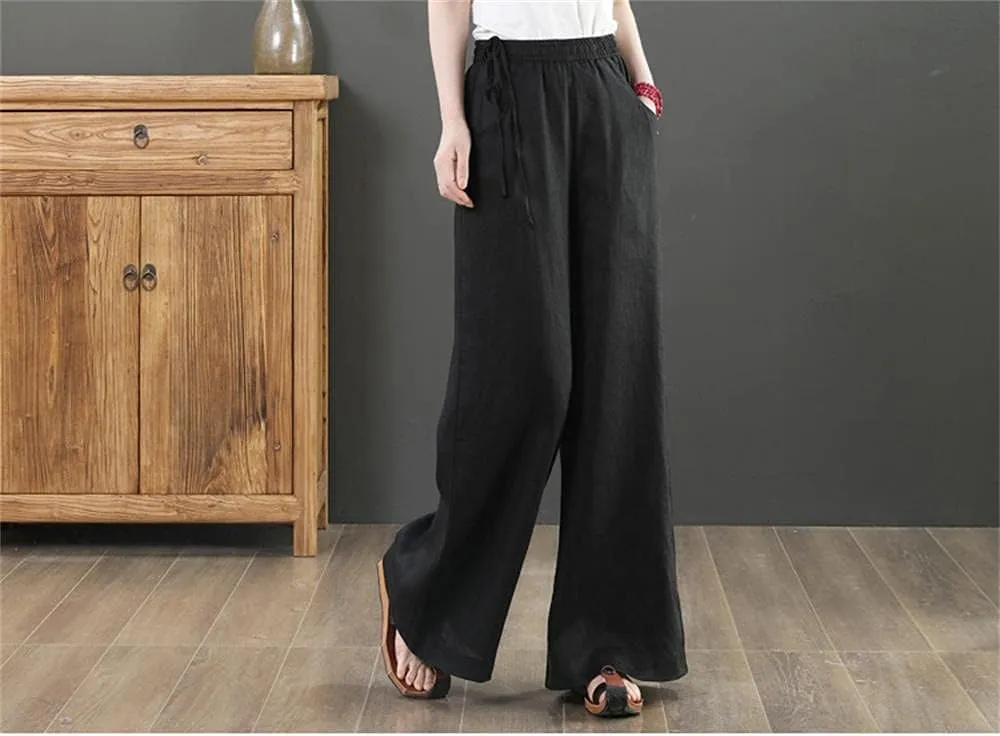Les umes Women's Casual Wide Leg Long Pants High Waist Drawsting Loose Palazzo Pants Cotton Linen Beach Trousers