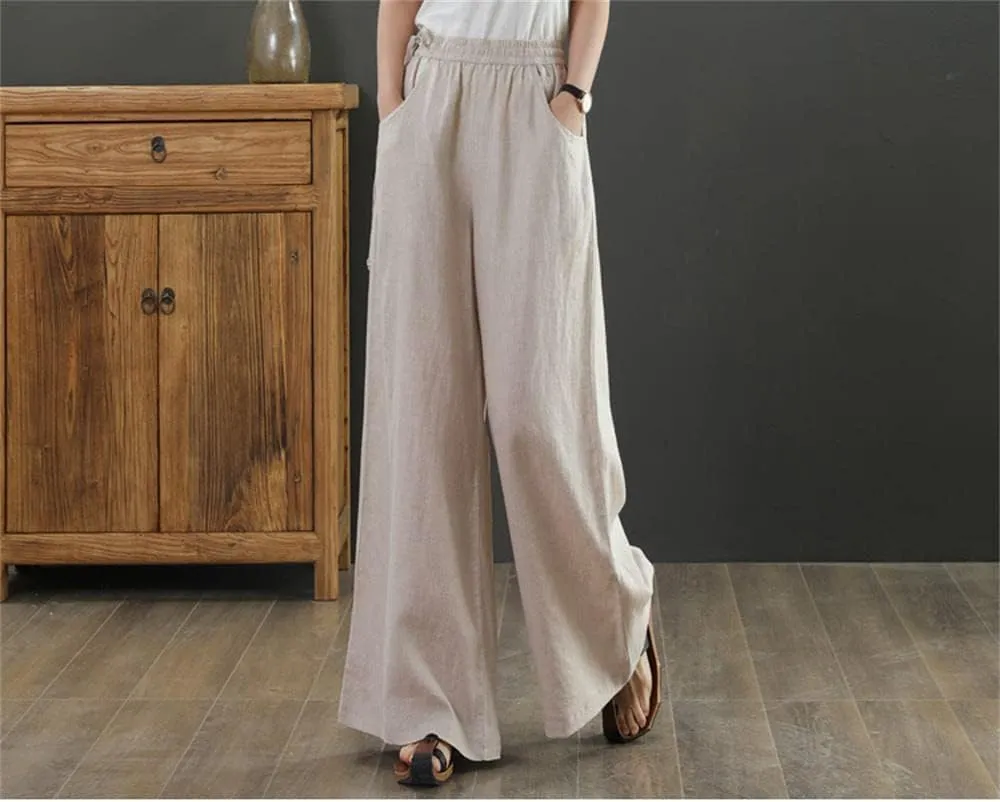 Les umes Women's Casual Wide Leg Long Pants High Waist Drawsting Loose Palazzo Pants Cotton Linen Beach Trousers