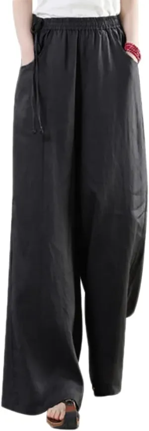 Les umes Women's Casual Wide Leg Long Pants High Waist Drawsting Loose Palazzo Pants Cotton Linen Beach Trousers