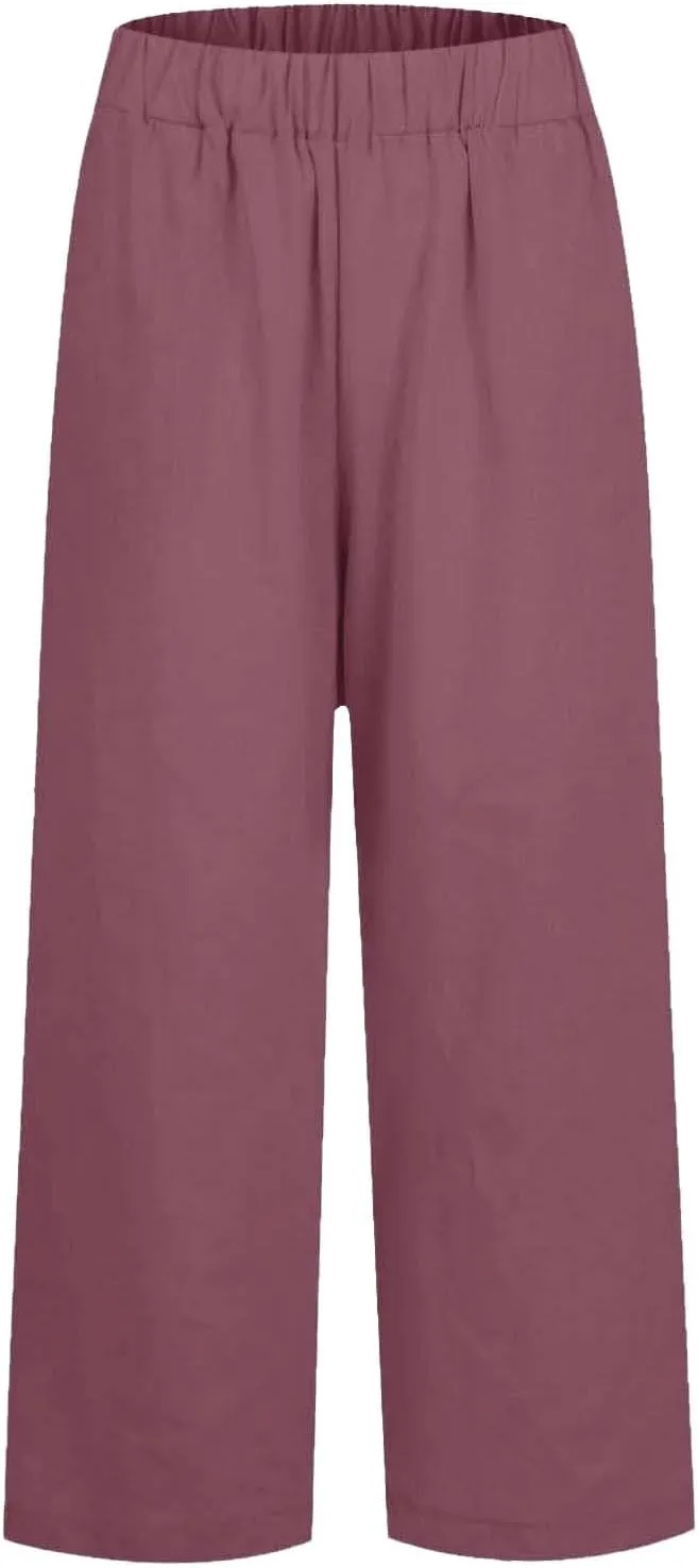 Lightweight Linen Pants for Women Summer Elastic Waisted Straight Leg Pants Casual Loose Fit Solid Color Trousers