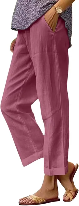 Lightweight Linen Pants for Women Summer Elastic Waisted Straight Leg Pants Casual Loose Fit Solid Color Trousers