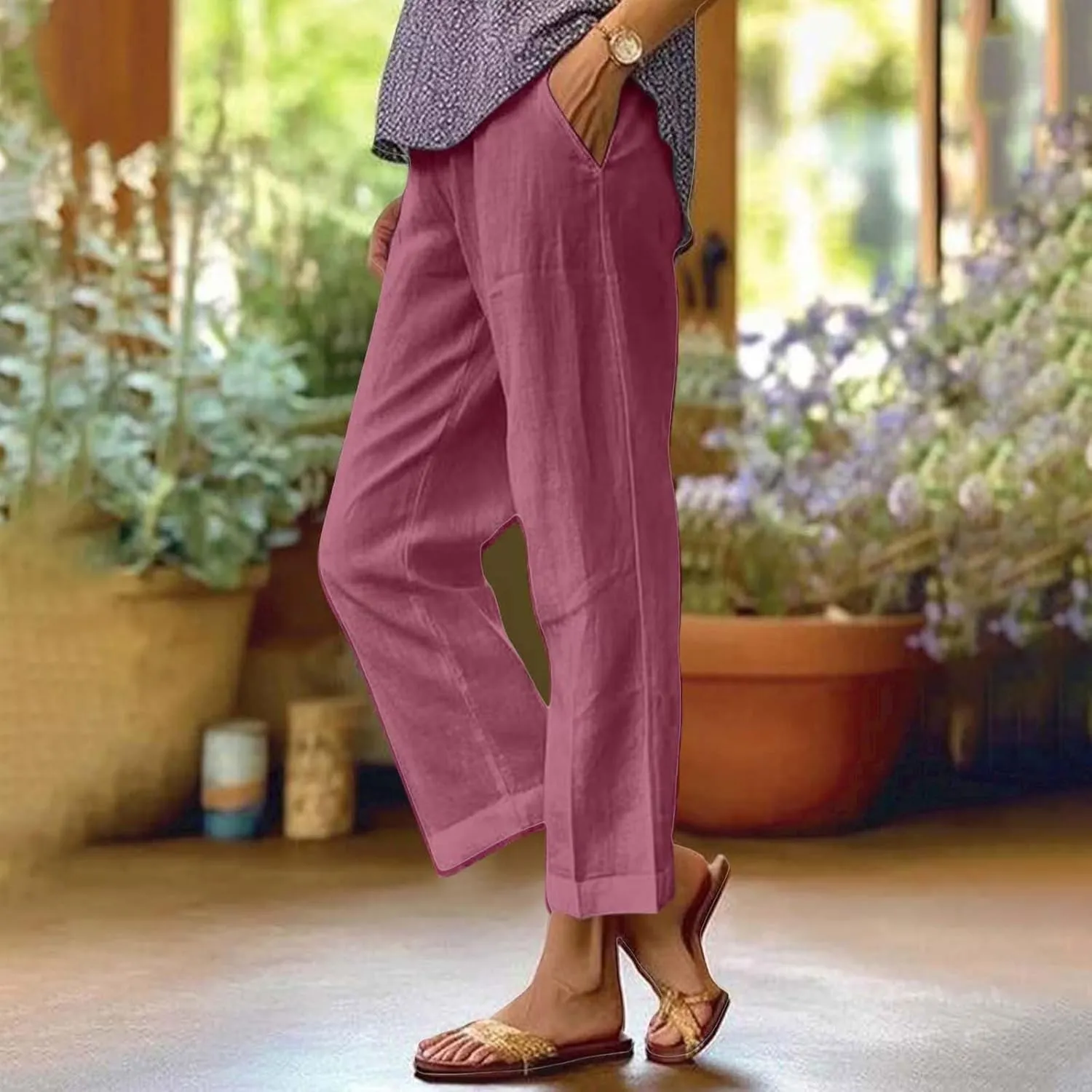 Lightweight Linen Pants for Women Summer Elastic Waisted Straight Leg Pants Casual Loose Fit Solid Color Trousers