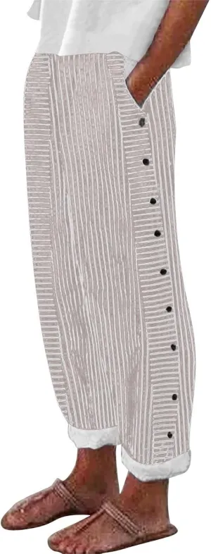 Linen Capri Pants for Women 2025 Elastic Waist Side Back Four Pockets 9/10 Pants Straight Leg Lounge Trousers with