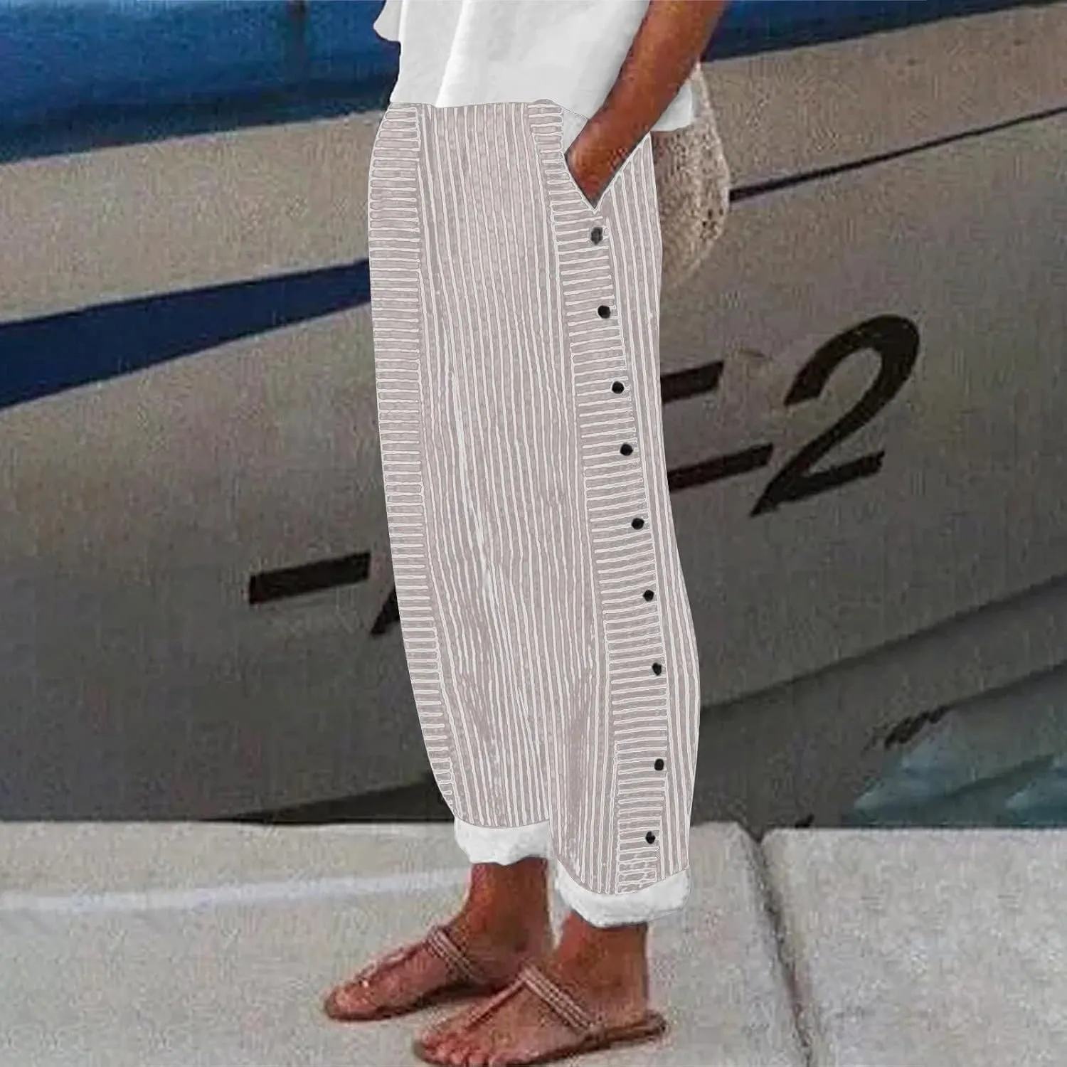 Linen Capri Pants for Women 2025 Elastic Waist Side Back Four Pockets 9/10 Pants Straight Leg Lounge Trousers with