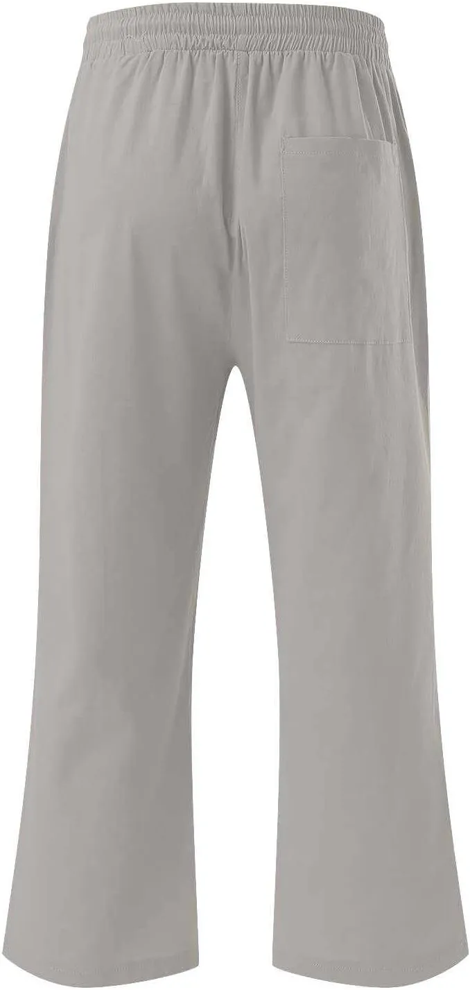 Linen Capri Pants for Women Cotton Casual Summer Capris High Waist Wide Leg Loose Drawstring Elastic Cropped Trousers