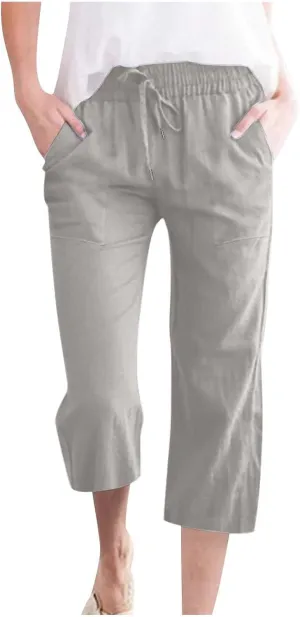 Linen Capri Pants for Women Cotton Casual Summer Capris High Waist Wide Leg Loose Drawstring Elastic Cropped Trousers