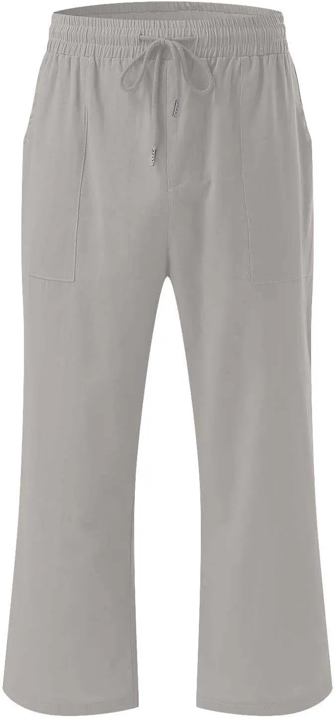 Linen Capri Pants for Women Cotton Casual Summer Capris High Waist Wide Leg Loose Drawstring Elastic Cropped Trousers
