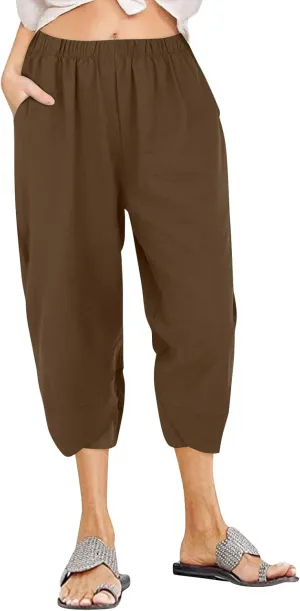 Linen Capri Pants for Women Summer Drawstring Elastic Waist Straight Wide Leg Cropped Trousers Beach Vacation Clothes