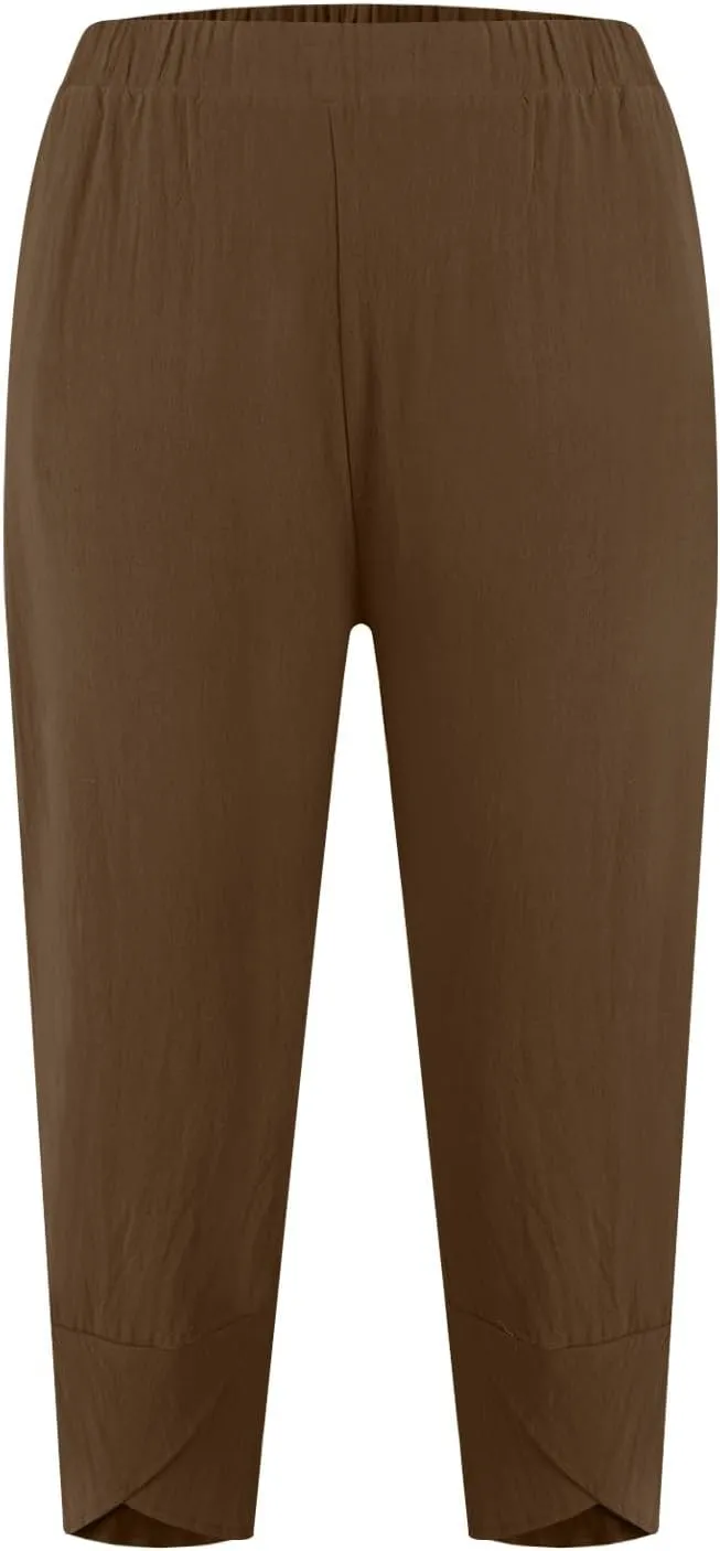 Linen Capri Pants for Women Summer Drawstring Elastic Waist Straight Wide Leg Cropped Trousers Beach Vacation Clothes