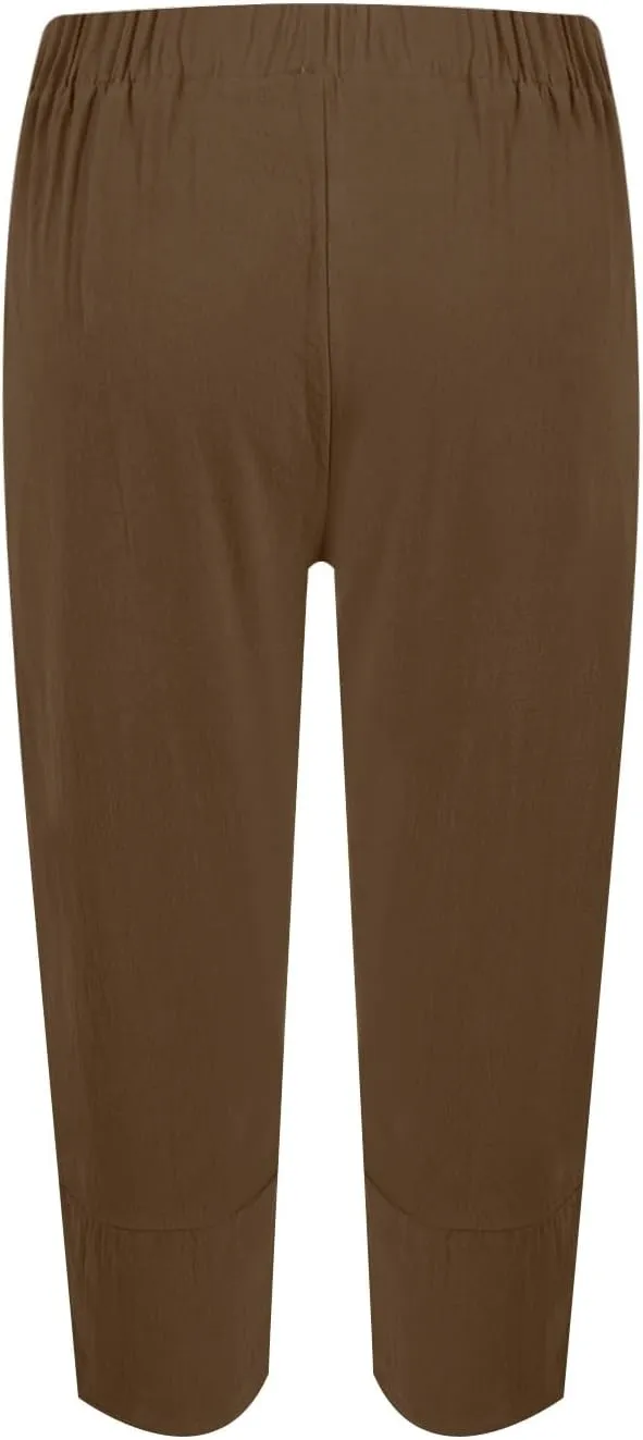 Linen Capri Pants for Women Summer Drawstring Elastic Waist Straight Wide Leg Cropped Trousers Beach Vacation Clothes