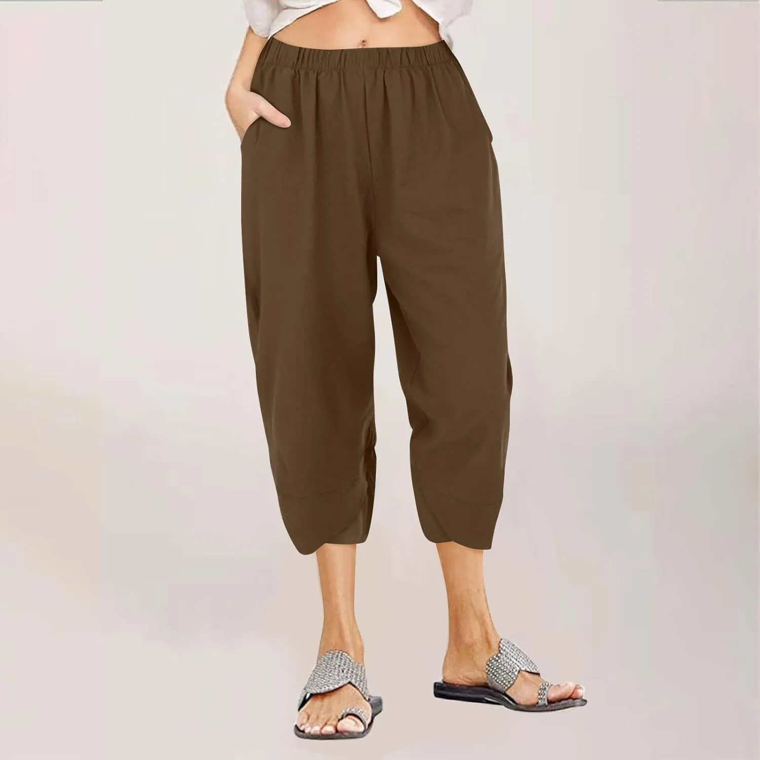 Linen Capri Pants for Women Summer Drawstring Elastic Waist Straight Wide Leg Cropped Trousers Beach Vacation Clothes
