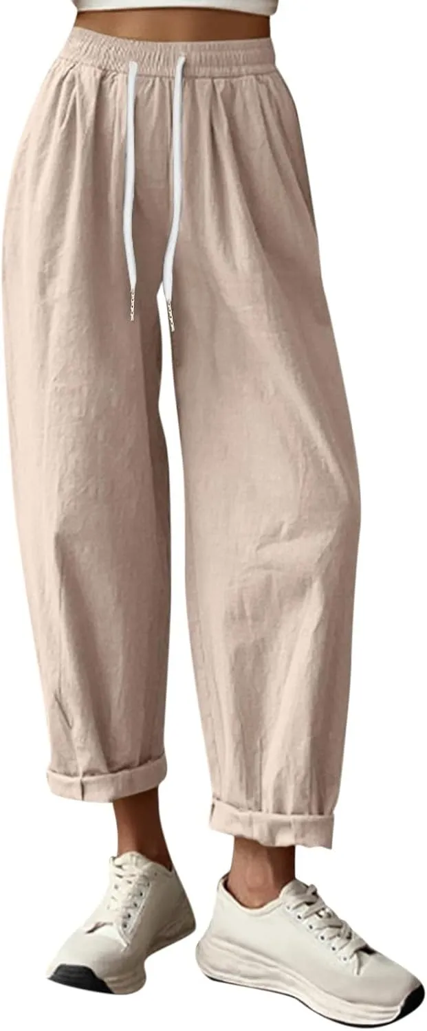Linen Capri Pants Women Summer Wide Leg Cropped Pants Loose Cotton Ankle Trousers Elastic High Waist Workout Pants