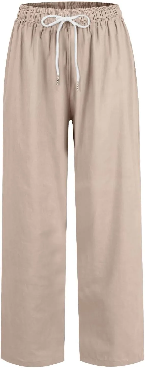 Linen Capri Pants Women Summer Wide Leg Cropped Pants Loose Cotton Ankle Trousers Elastic High Waist Workout Pants