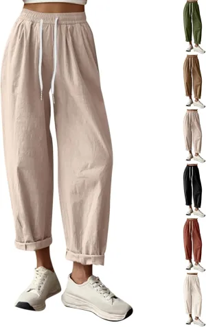 Linen Capri Pants Women Summer Wide Leg Cropped Pants Loose Cotton Ankle Trousers Elastic High Waist Workout Pants