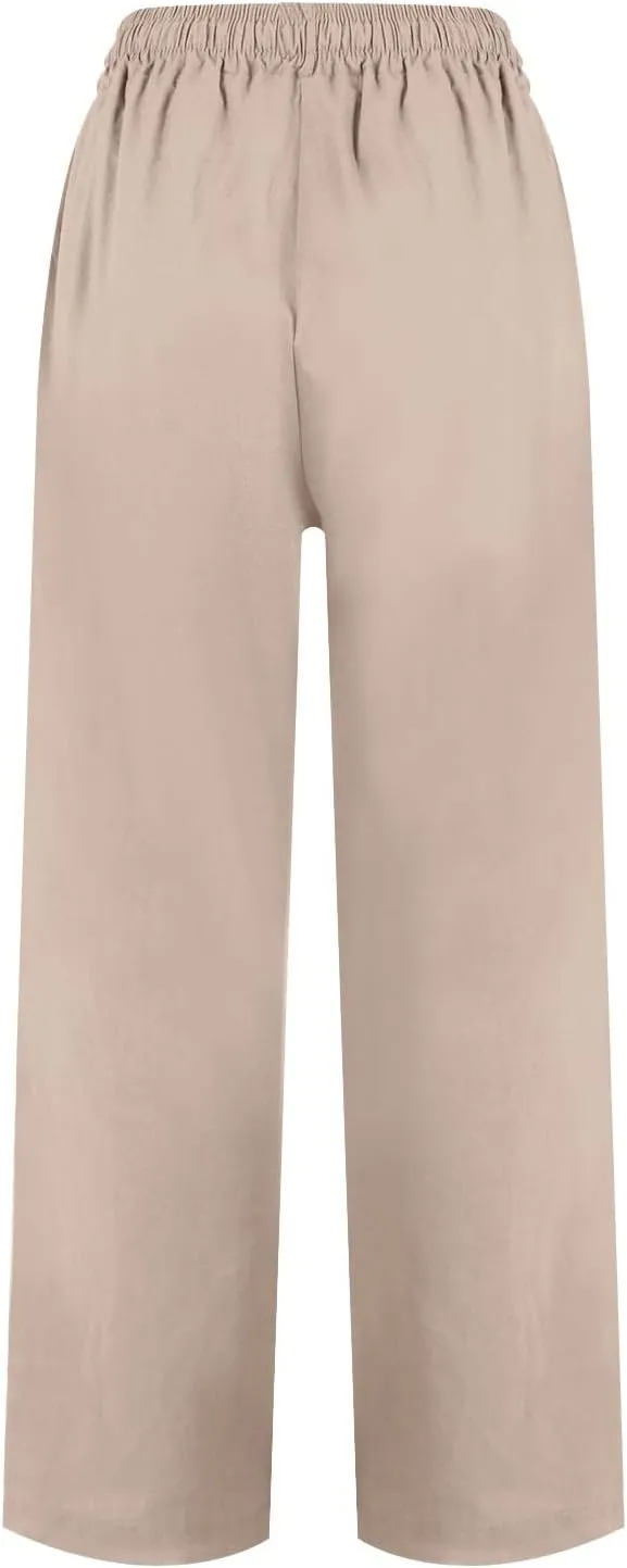 Linen Capri Pants Women Summer Wide Leg Cropped Pants Loose Cotton Ankle Trousers Elastic High Waist Workout Pants