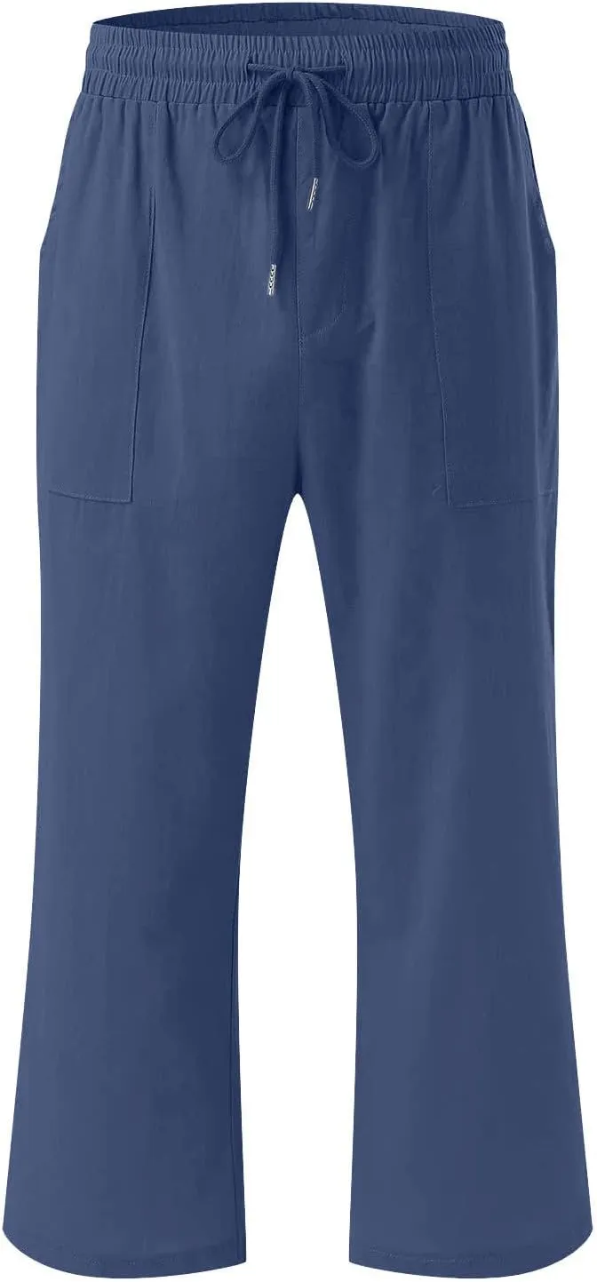 Linen Capris for Women Casual Summer Beach High Waisted Straight Pants Comfy Trendy Cropped Trousers with Pockets