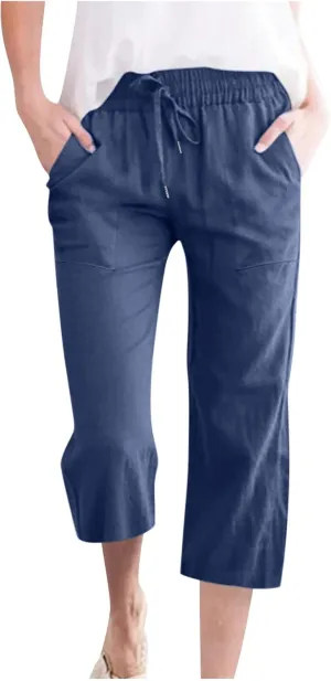 Linen Capris for Women Casual Summer Beach High Waisted Straight Pants Comfy Trendy Cropped Trousers with Pockets