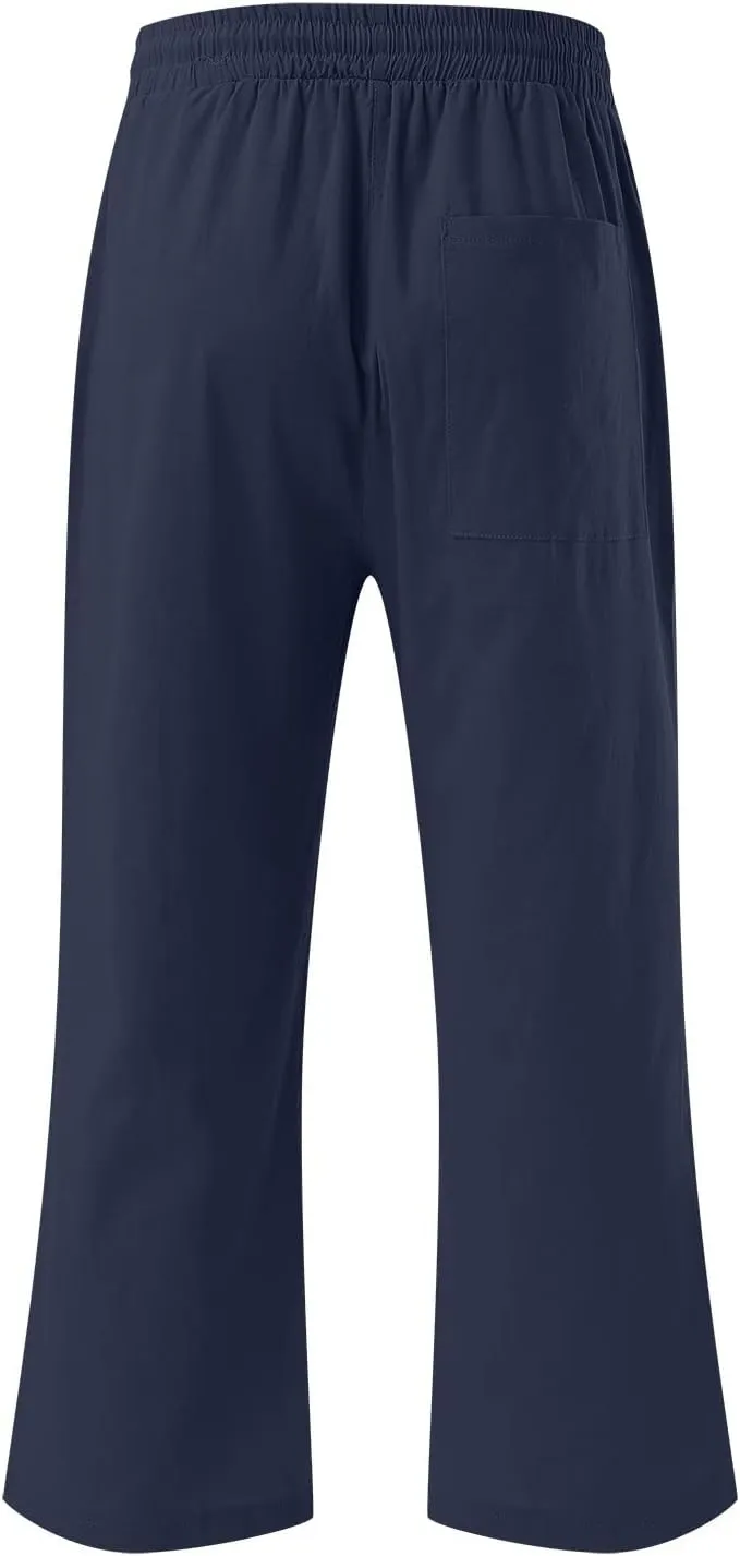 Linen Capris Pants For Women Casual 2024 Summer Drawstring Elastic High Waisted Straight Wide Leg Cropped Trousers