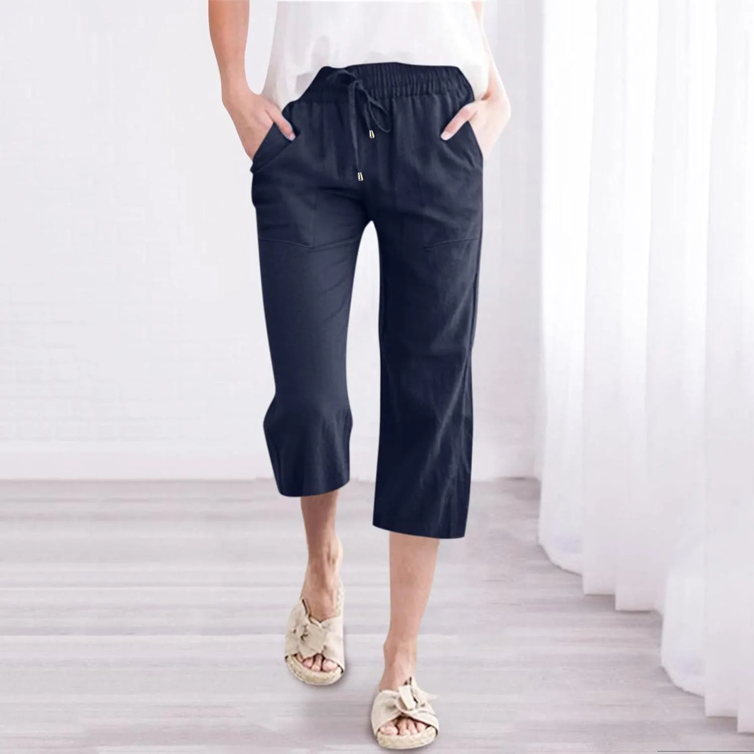 Linen Capris Pants For Women Casual 2024 Summer Drawstring Elastic High Waisted Straight Wide Leg Cropped Trousers