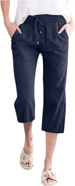 Linen Capris Pants For Women Casual 2024 Summer Drawstring Elastic High Waisted Straight Wide Leg Cropped Trousers