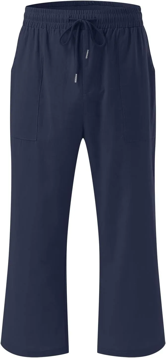 Linen Capris Pants For Women Casual 2024 Summer Drawstring Elastic High Waisted Straight Wide Leg Cropped Trousers