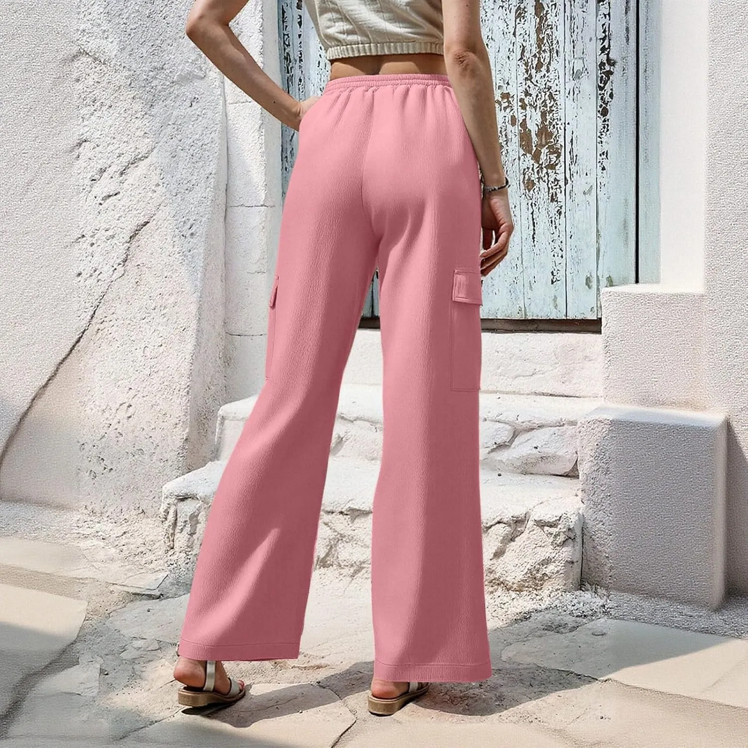 Linen Cargo Pants Women Beach Flowy Wide Leg Pants Casual Summer Elastic High Waisted Cargo Pants with Pockets
