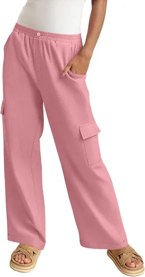Linen Cargo Pants Women Beach Flowy Wide Leg Pants Casual Summer Elastic High Waisted Cargo Pants with Pockets