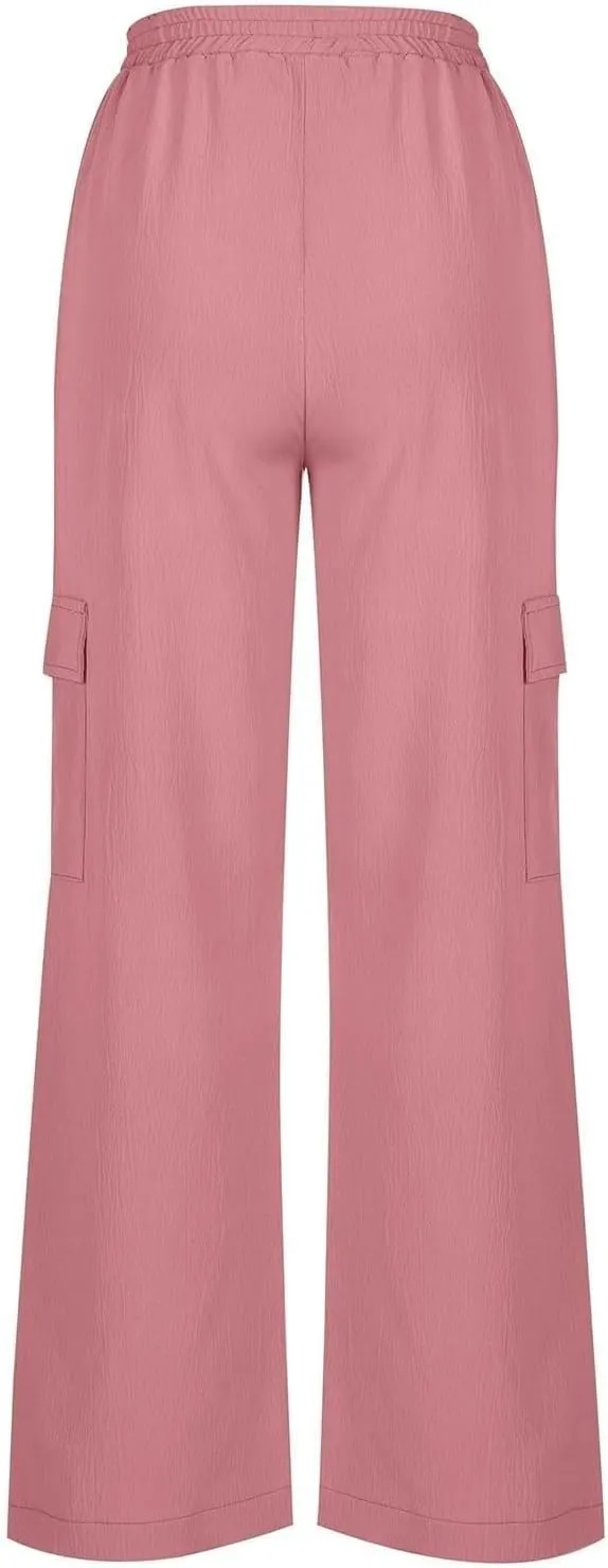 Linen Cargo Pants Women Beach Flowy Wide Leg Pants Casual Summer Elastic High Waisted Cargo Pants with Pockets