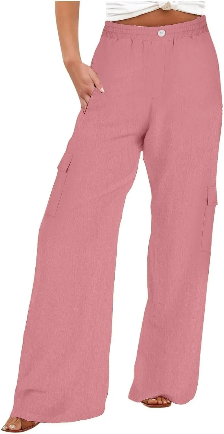 Linen Cargo Pants Women Beach Flowy Wide Leg Pants Casual Summer Elastic High Waisted Cargo Pants with Pockets