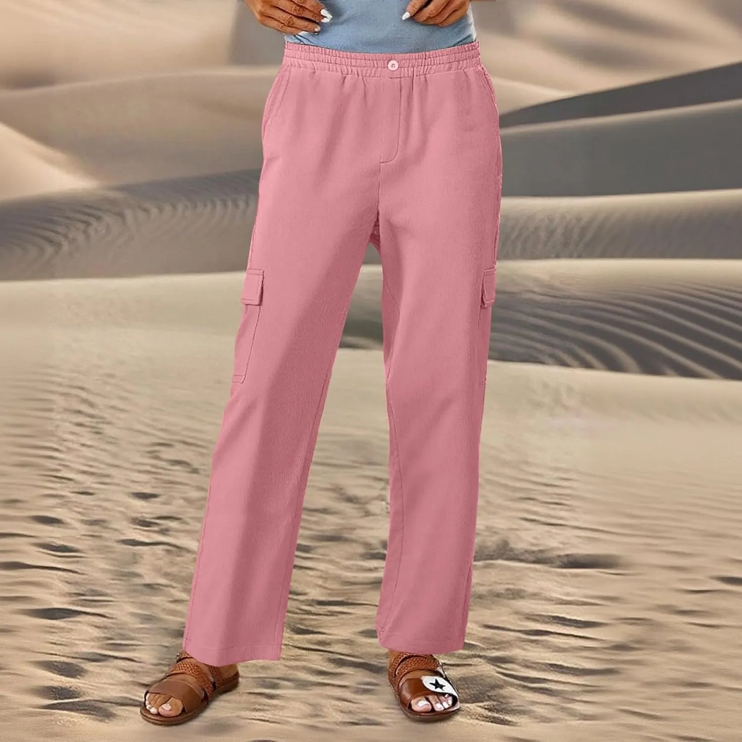 Linen Cargo Pants Women Beach Flowy Wide Leg Pants Casual Summer Elastic High Waisted Cargo Pants with Pockets