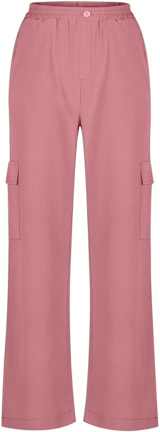 Linen Cargo Pants Women Beach Flowy Wide Leg Pants Casual Summer Elastic High Waisted Cargo Pants with Pockets