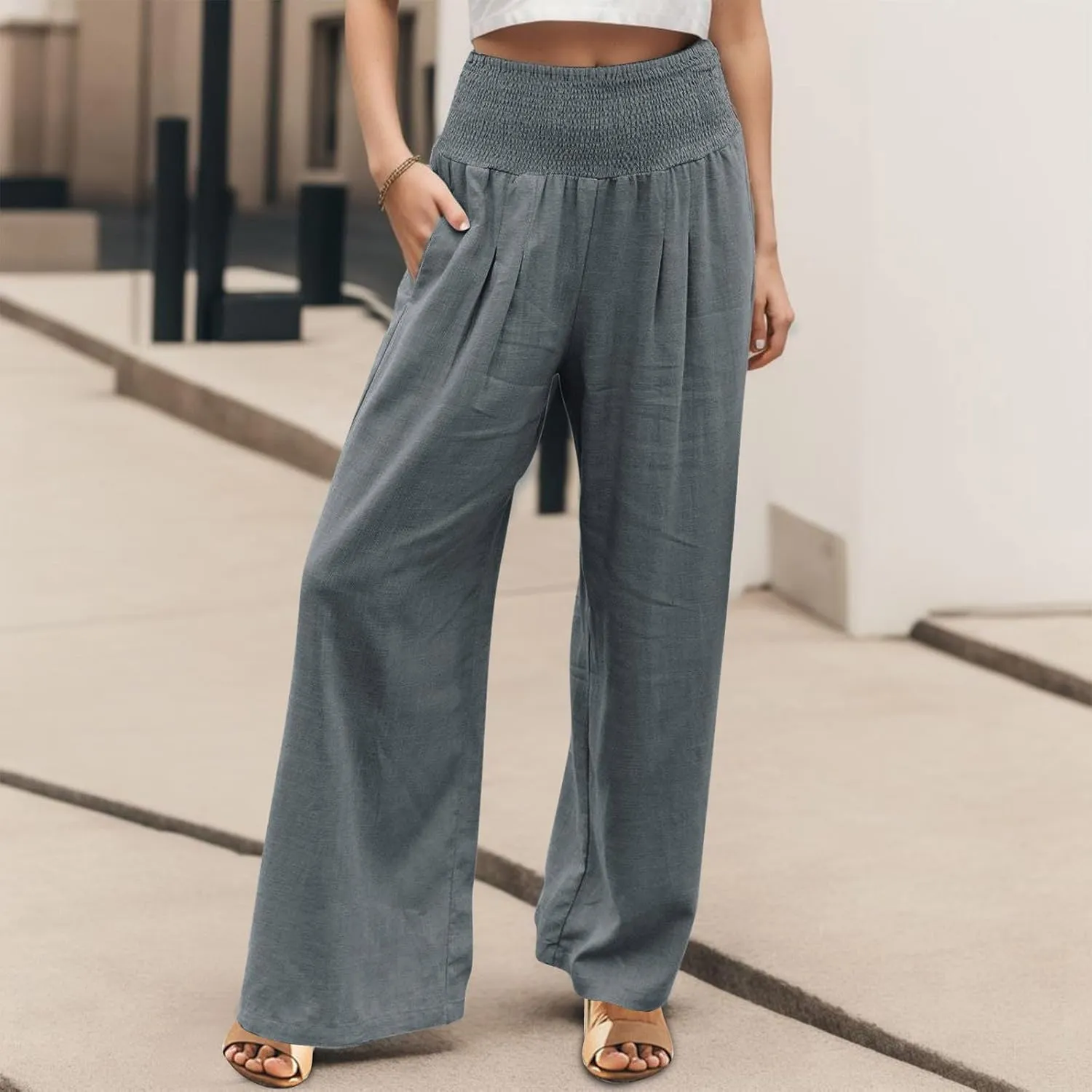 Linen Cotton Wide Leg Pants Women Casual Baggy 2024 Summer Palazzo Trousers Elastic High Waist Solid Straight Wide Leg Pants