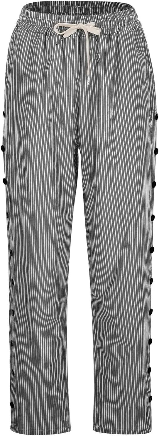 Linen Crop Pants for Women Summer Casual Drawstring Waist Baggy Pants Side Button Down Straight Trousers with Pockets
