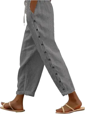 Linen Crop Pants for Women Summer Casual Drawstring Waist Baggy Pants Side Button Down Straight Trousers with Pockets