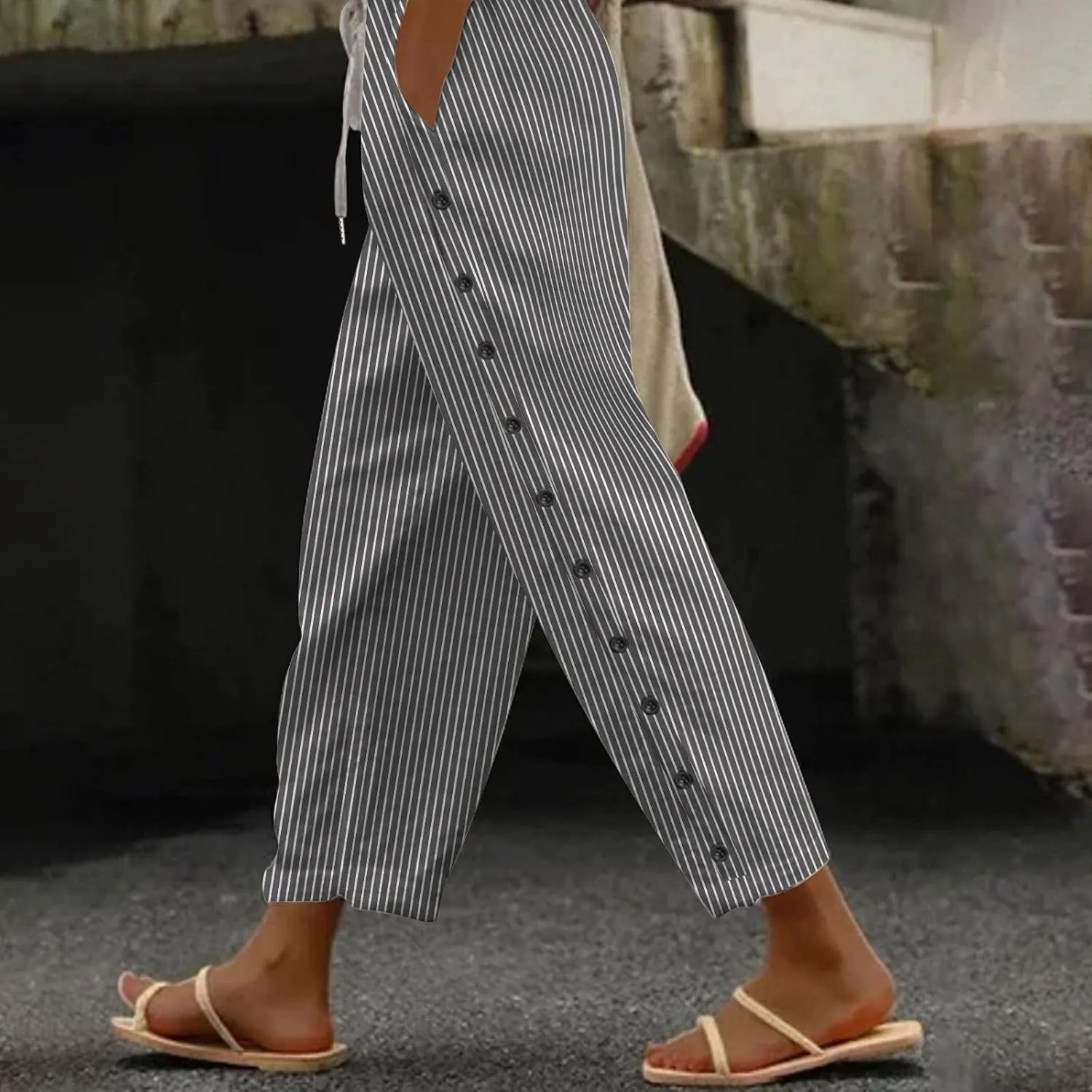 Linen Crop Pants for Women Summer Casual Drawstring Waist Baggy Pants Side Button Down Straight Trousers with Pockets