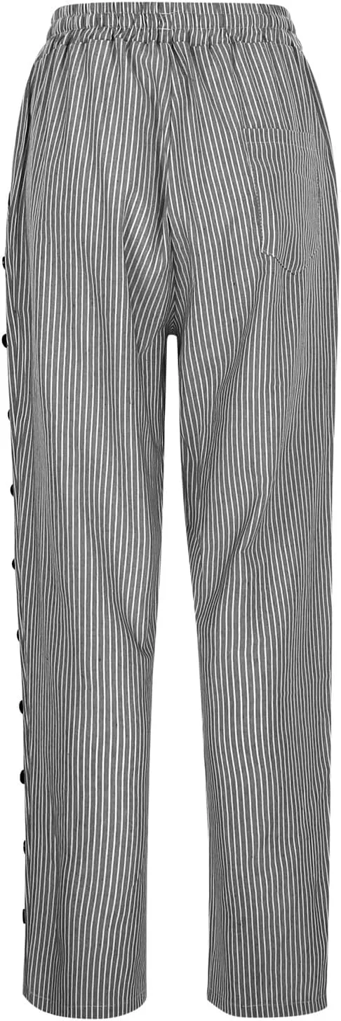 Linen Crop Pants for Women Summer Casual Drawstring Waist Baggy Pants Side Button Down Straight Trousers with Pockets